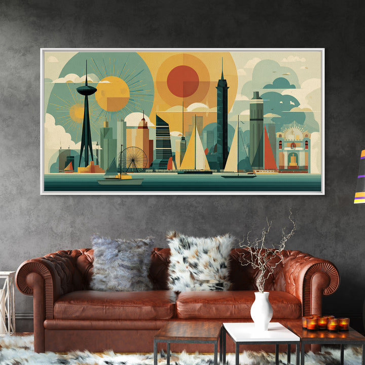 Geometric Seattle Skyline With Space Needle Canvas Print, Mid Century Modern Cityscape Wall Decor, Retro Travel Poster Art