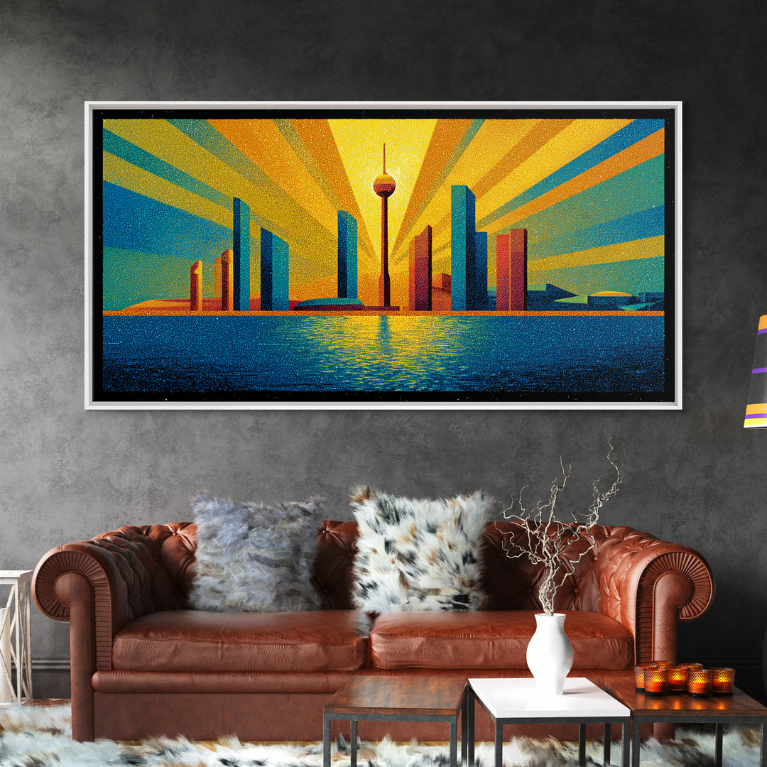 Bold Seattle Skyline Sunrise Wall Art, Mid Century Modern Abstract Cityscape, Space Needle Poster, Retro Geometric Decor