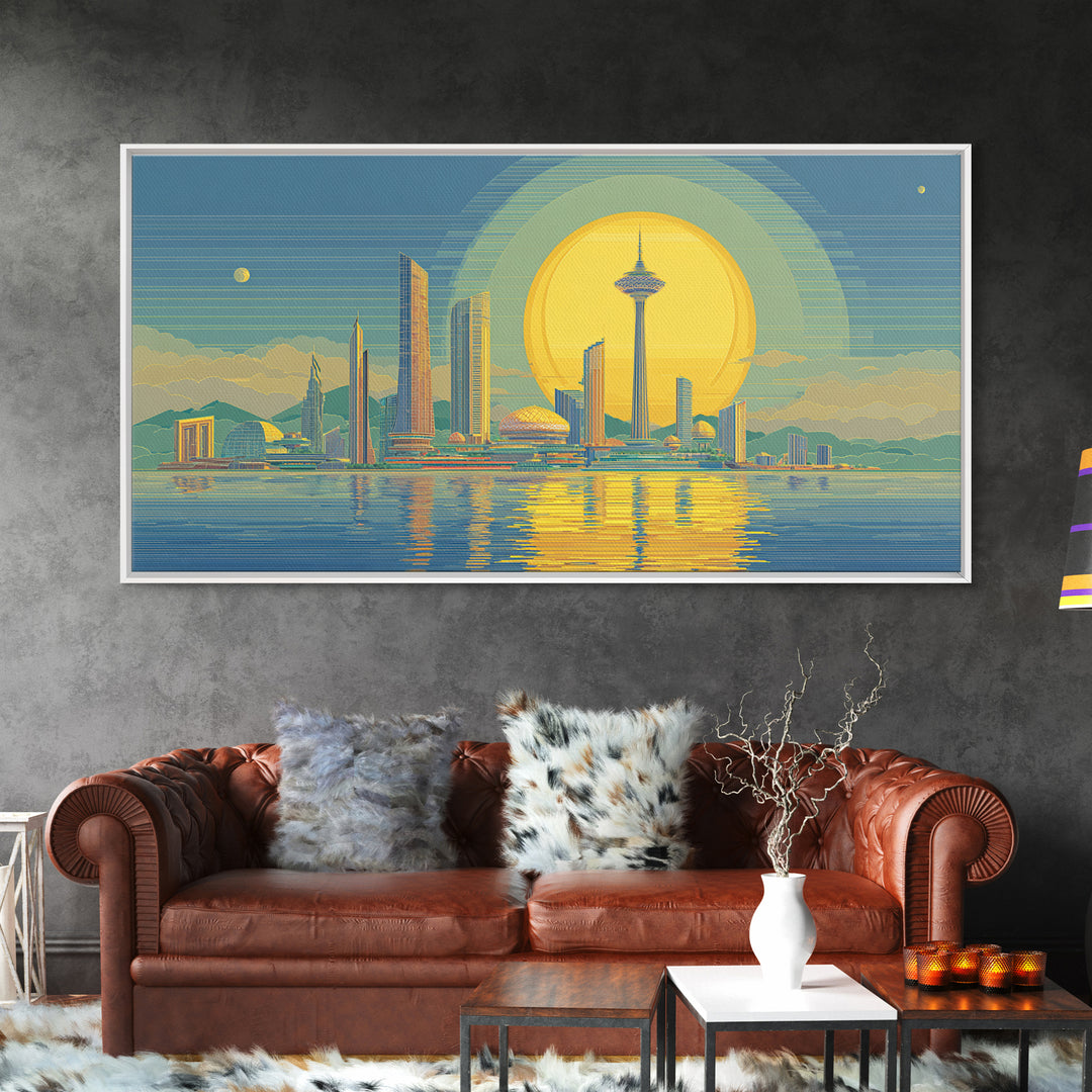 Golden Seattle Skyline At Sunset Framed Canvas Print, Mid Century Modern Wall Art, Futuristic Cityscape Poster, MCM Home Decor