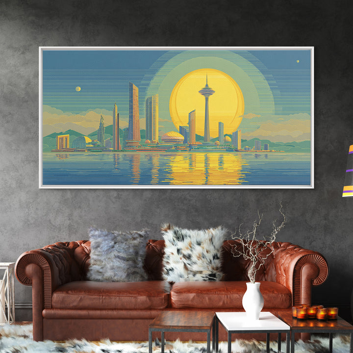 Golden Seattle Skyline At Sunset Framed Canvas Print, Mid Century Modern Wall Art, Futuristic Cityscape Poster, MCM Home Decor