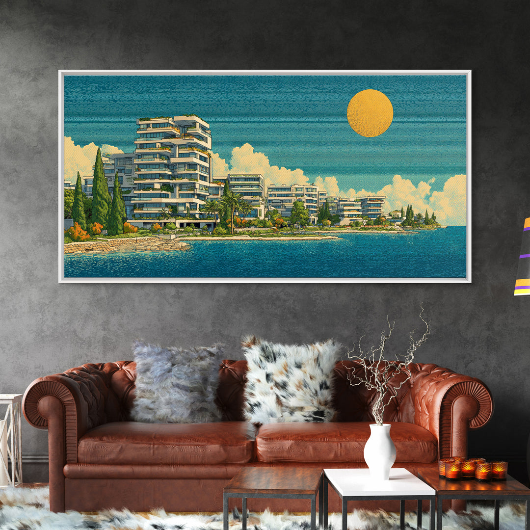 Modern Lakeside Condos With Golden Sun Wall Art, Mid Century Modern Coastal Decor, Mediterranean Lake House Architecture Print