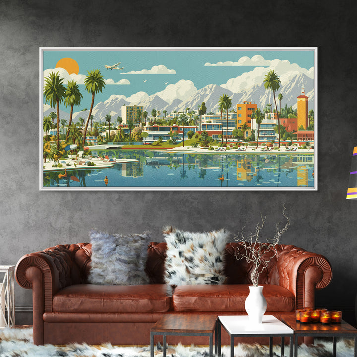 Palm Springs Lagoon With Palms And Mountains Wall Art, Mid Century Modern Desert Travel Poster, Colorful MCM Home Decor Print