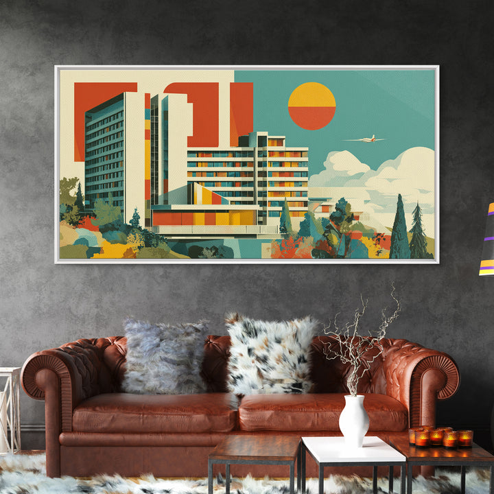 Bauhaus Modernist Hotel Architecture Canvas Print, Mid Century Modern Wall Art, Geometric Orange Sun Poster, MCM Decor Print