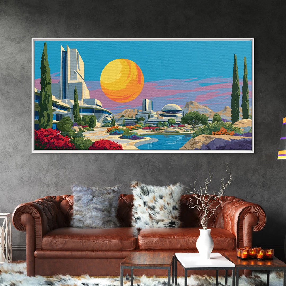 Futuristic Desert Resort With Pool And Giant Sun Wall Art, Mid Century Modern Landscape Poster, Retro Sci Fi Architecture Decor