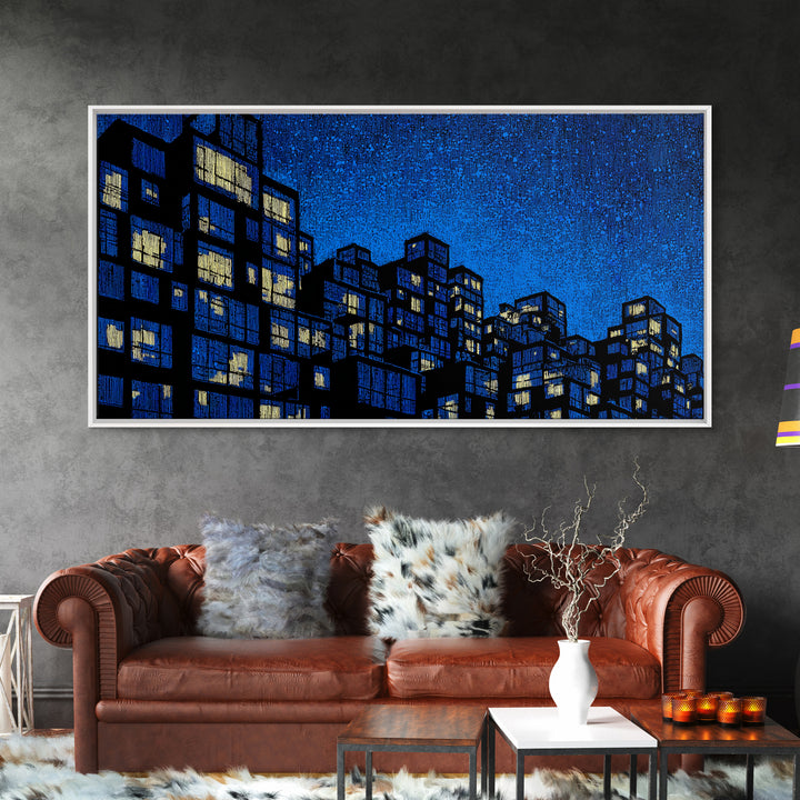 Electric Blue High Rise Wall Art, Geometric City Apartments, Midcentury Modern Decor, Retro Urban Print, Statement Wall Decor