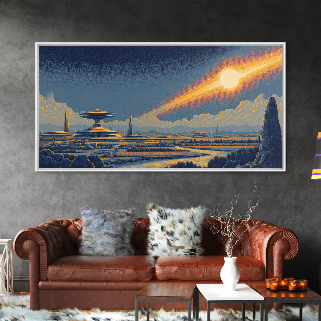 Retro Futuristic City With Meteor And Spaceport Canvas Print, Mid Century Modern Sci Fi Wall Art, Cosmic Skyline Poster Decor