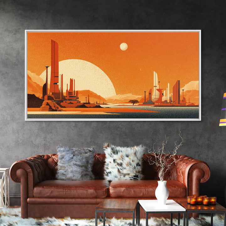 Orange Futuristic Desert City Wall Art, Midcentury Modern Sci Fi Landscape, Retro Space Poster, MCM Living Room Decor, Orange Art Print