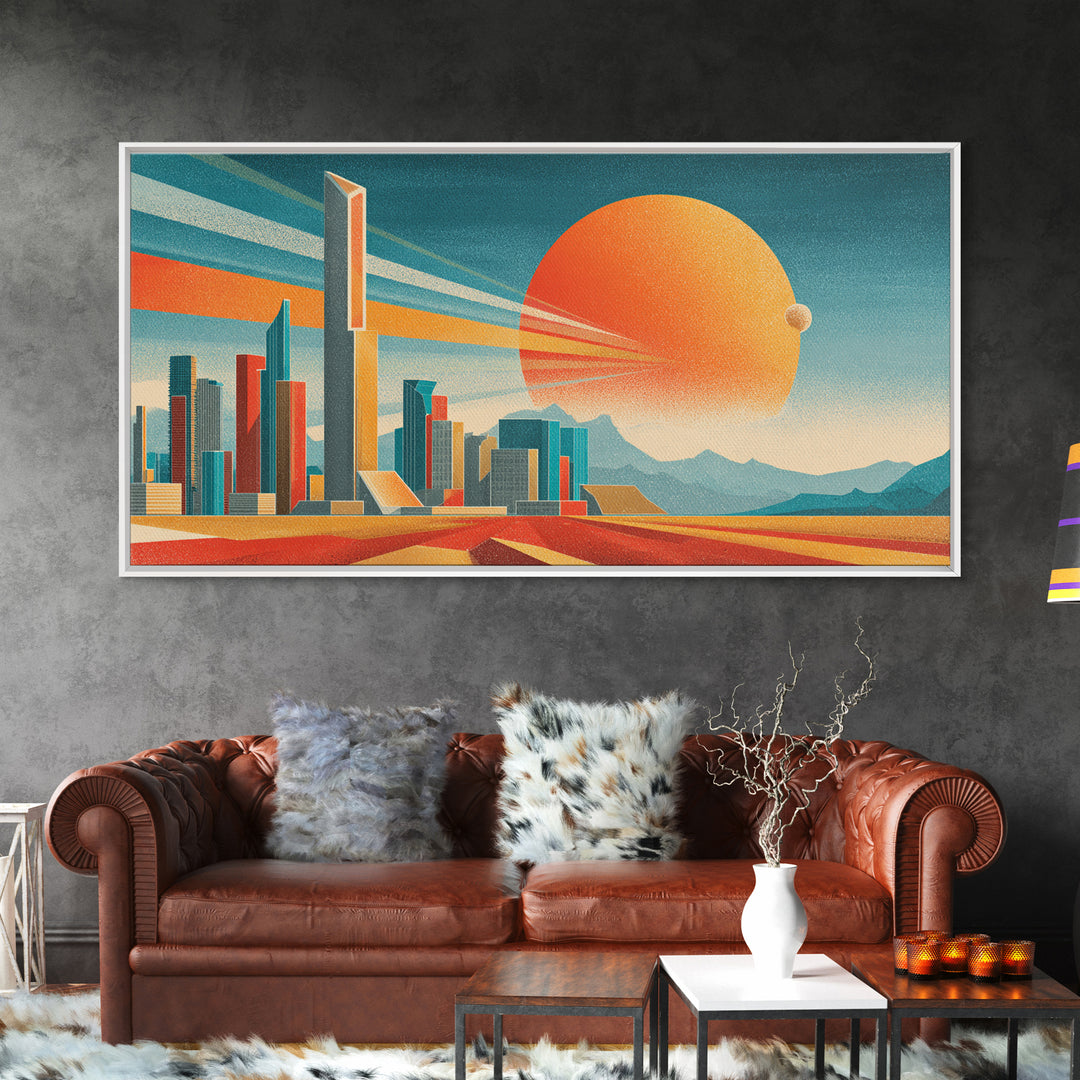 Teal Orange Futuristic Skyline Canvas Print, Midcentury Modern Cityscape, Retro Space Poster, Modern Wall Decor, Large MCM Art