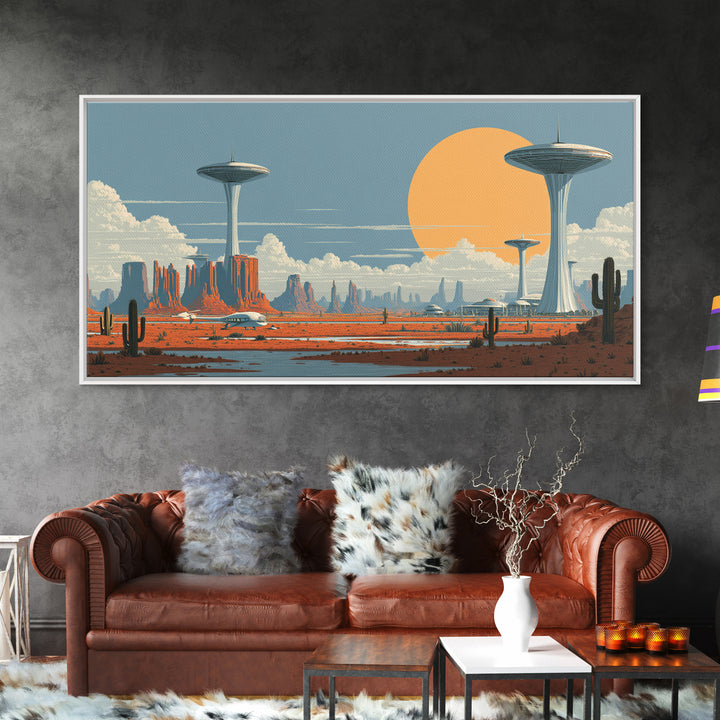 Alien Desert UFO Towers Framed Canvas Print, Midcentury Modern Sci Fi Landscape, Retro Wall Art, Cactus Decor, MCM Poster