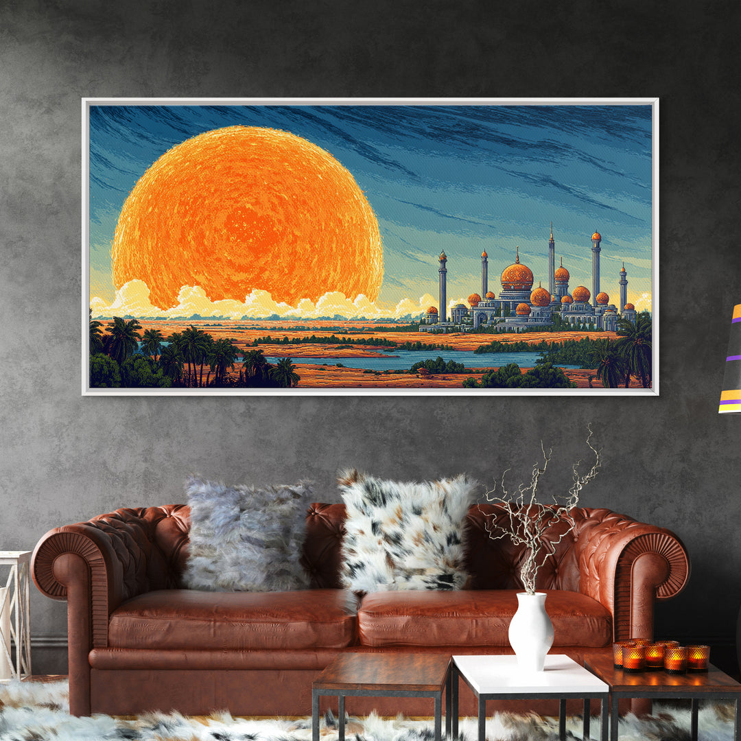 Giant Sun Desert Palace Wall Art, Midcentury Modern Landscape, Islamic Architecture Poster, Orange Blue Living Room Decor
