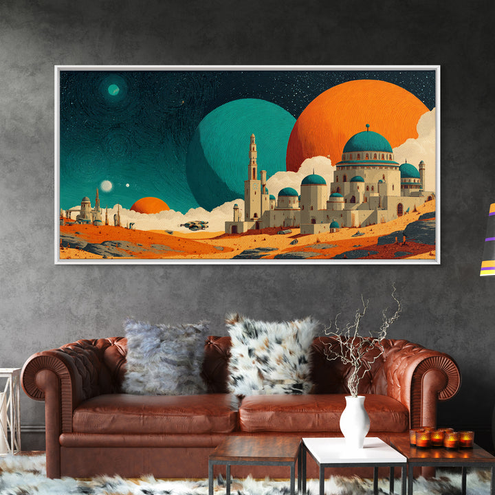 Teal Planet Desert Dome City Canvas Print, Midcentury Modern Sci Fi Wall Art, Retro Space Poster, Orange MCM Home Decor Art
