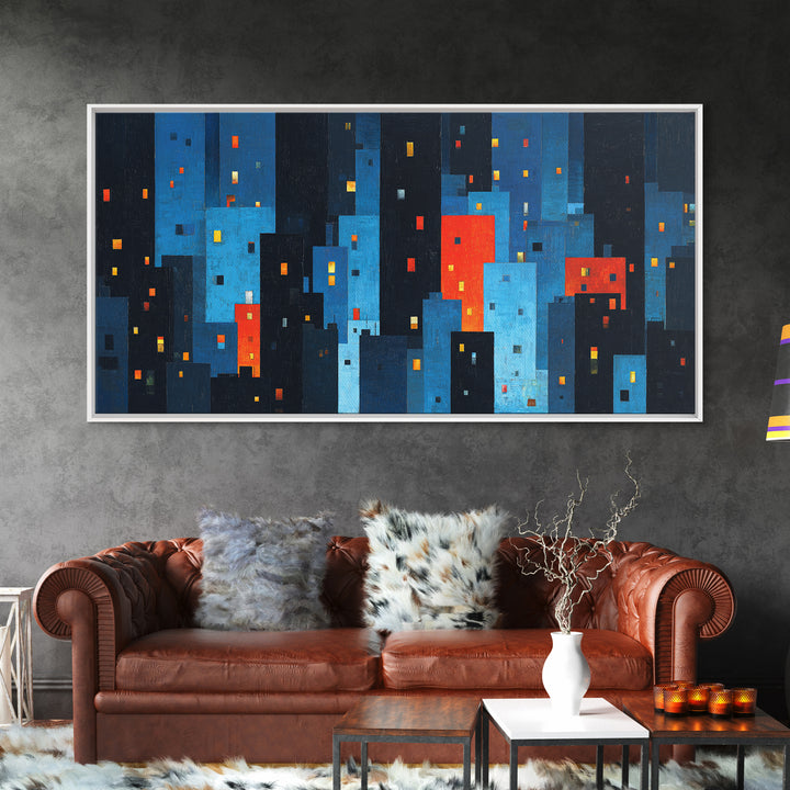 Red And Blue Abstract City Canvas Print, Blocky Urban Skyline, Midcentury Modern Art, Geometric Wall Decor, Home Office Art Print