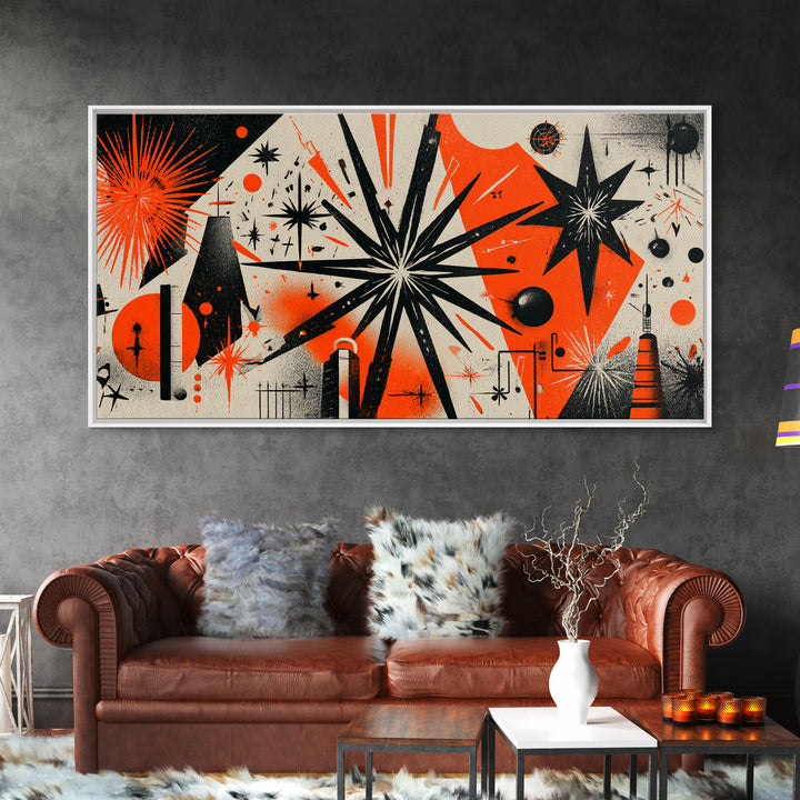 Orange Black Atomic Starburst Wall Art, Midcentury Modern Abstract, Retro 50s Space Age Poster, MCM Geometric Wall Decor