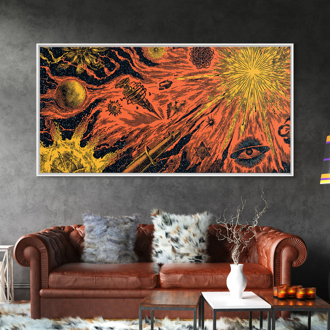Orange Cosmic Rocket And Eye Canvas Print, Midcentury Modern Space Art, Retro Sci Fi Poster, Atomic MCM Wall Decor, Groovy Home Decor