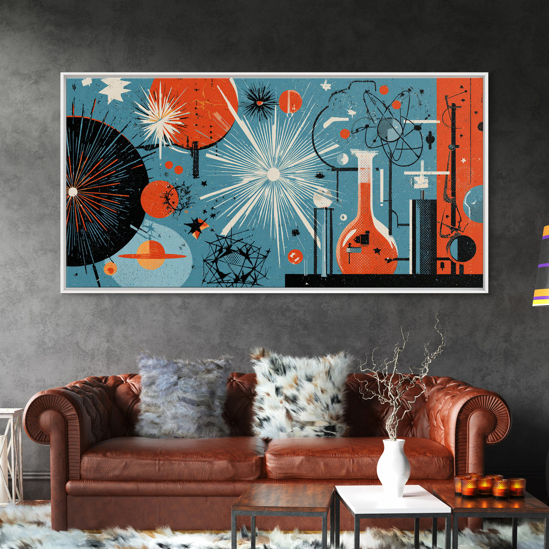 Blue Orange Atomic Laboratory Wall Art, Midcentury Modern Art Print, Retro Science Poster, Geometric MCM Home Decor, Living Room Decor