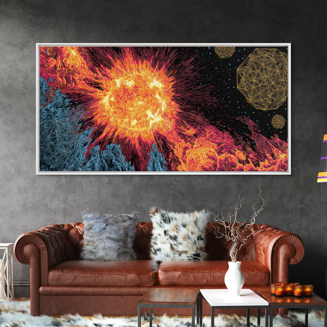 Fiery Solar Flare Sun And Asteroids Canvas Print, Modern Abstract Art, Retro Space Poster, Cosmic Wall Decor, Sci Fi Gift