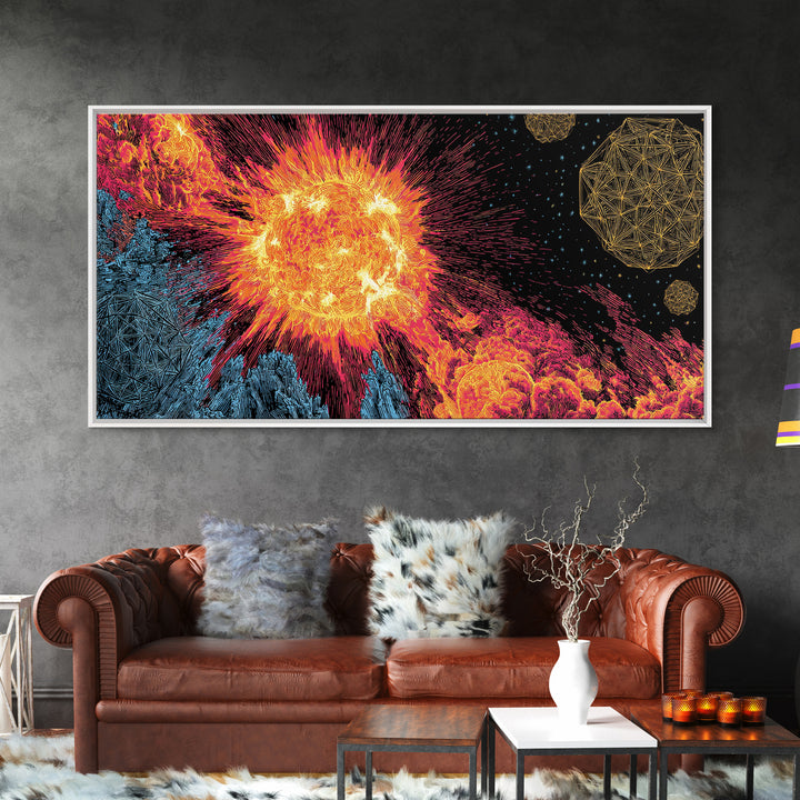 Fiery Solar Flare Sun And Asteroids Canvas Print, Modern Abstract Art, Retro Space Poster, Cosmic Wall Decor, Sci Fi Gift