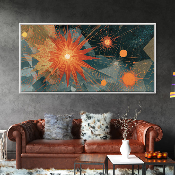 Orange Teal Geometric Starburst Framed Canvas Print, Midcentury Modern Abstract Art, Retro MCM Wall Decor, Home Office Decor