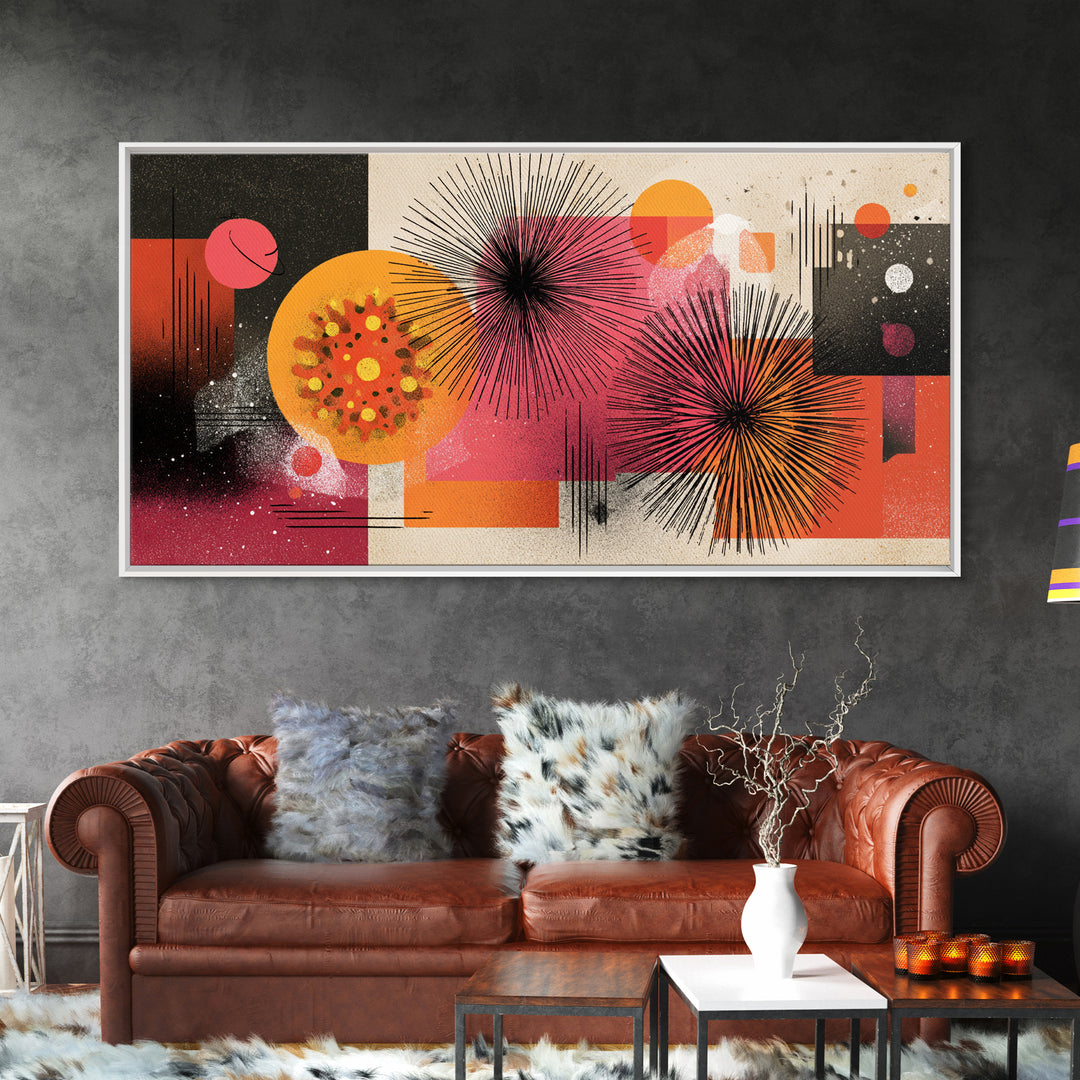 Pink Orange Abstract Starbursts Wall Art, Midcentury Modern Art Print, Retro Geometric Poster, Bold MCM Home Decor, Living Room Decor
