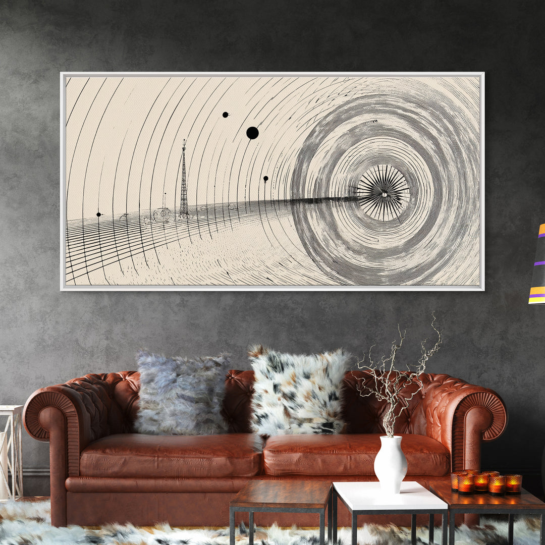 Black Beige Radar Wave Perspective Op Art Wall Art, Minimalist Geometric Art Print, Modern Abstract Poster, Office Home Decor