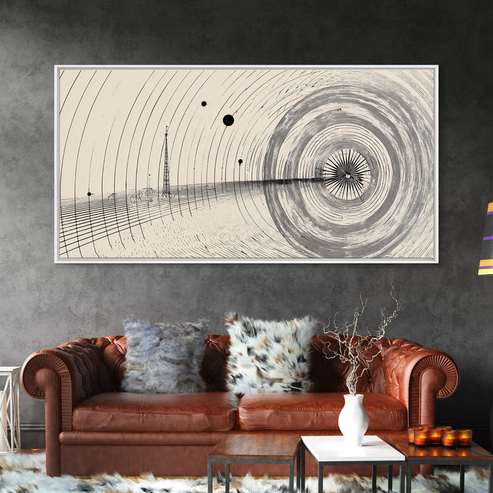 Black Beige Radar Wave Perspective Op Art Wall Art, Minimalist Geometric Art Print, Modern Abstract Poster, Office Home Decor