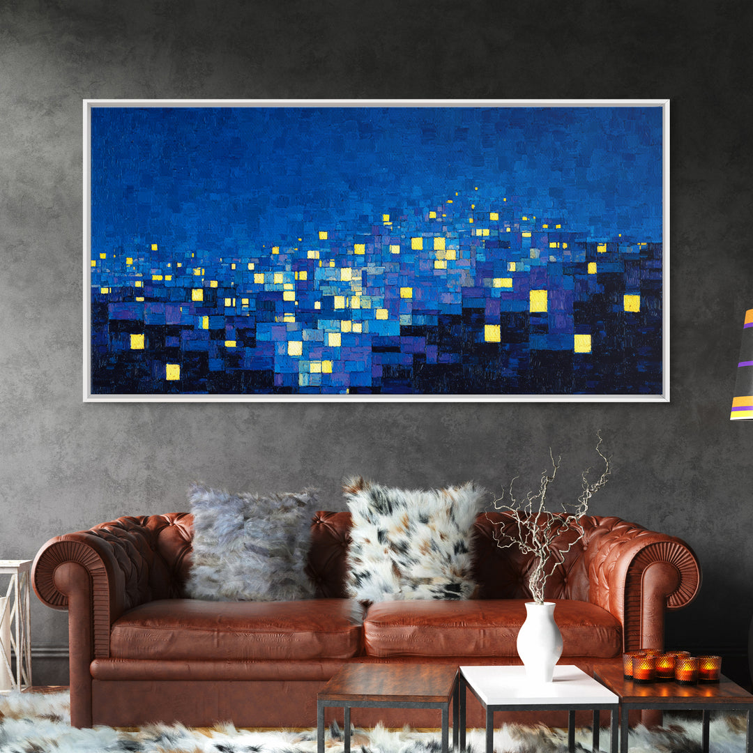 Pixelated Blue City Lights Wall Art, Abstract Night Skyline, Modern Art Print, MCM Wall Decor, Living Room Statement Decor