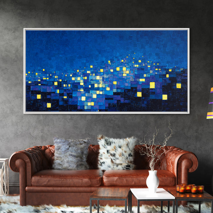 Pixelated Blue City Lights Wall Art, Abstract Night Skyline, Modern Art Print, MCM Wall Decor, Living Room Statement Decor