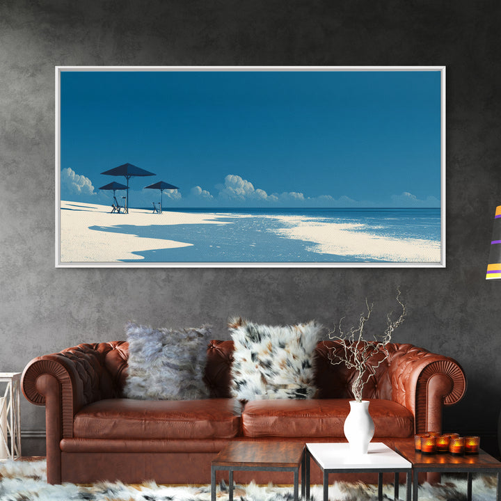 Minimal Blue Beach Wall Art, Serene Ocean Umbrella Landscape Print, Coastal Modern Poster, Summer Decor For Bedroom And Office