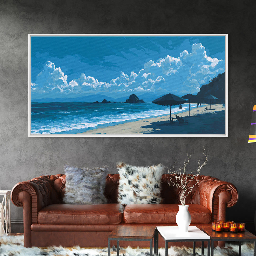 Blue Coastal Cloudscape Canvas Print, Ocean Beach Umbrella Scene, Modern Landscape Wall Art, Tropical Decor For Living Room