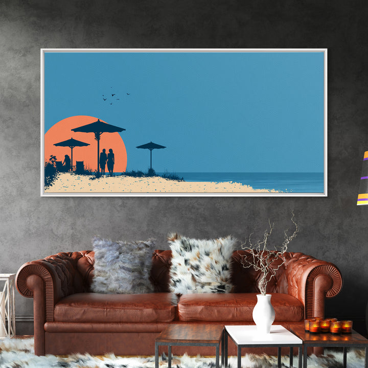 Orange Sunset Beach Wall Art, Silhouette Umbrellas And Couple Print, Retro Coastal Poster, Modern Tropical Decor For Bedroom