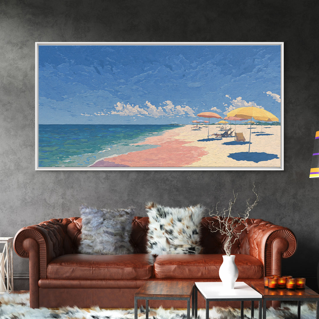 Pastel Ocean Beach Canvas Print, Pink Sand Umbrella Landscape, Coastal Modern Wall Art, Soft Summer Decor For Bedroom And Office