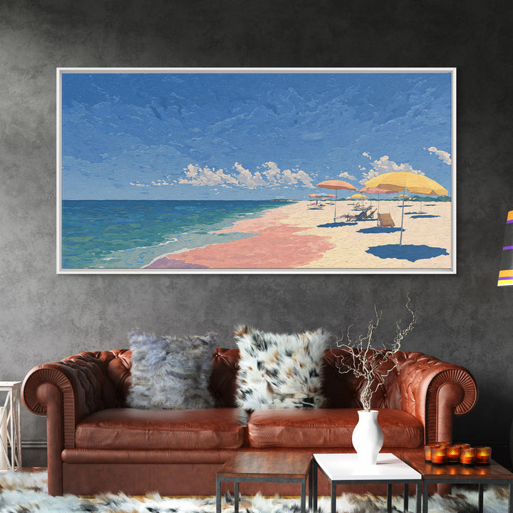 Pastel Ocean Beach Canvas Print, Pink Sand Umbrella Landscape, Coastal Modern Wall Art, Soft Summer Decor For Bedroom And Office