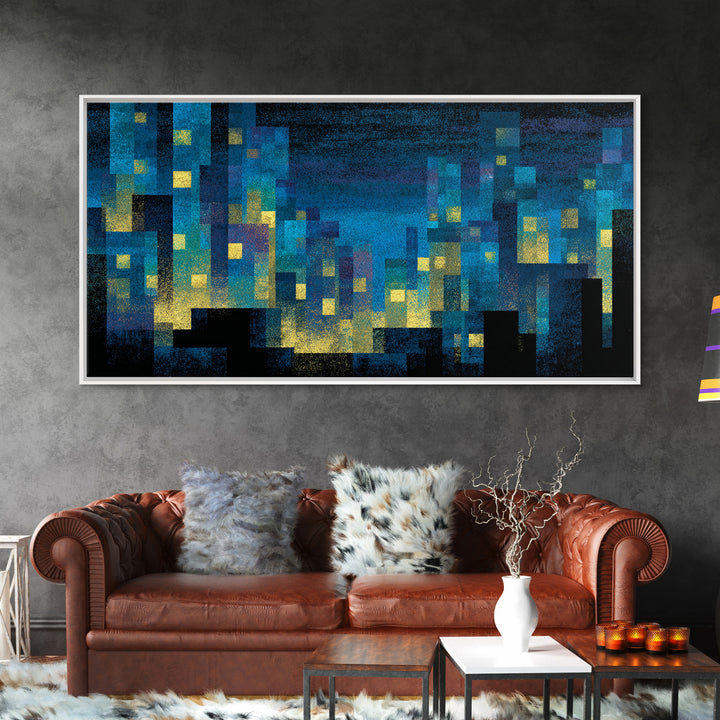 Teal Pixel City Skyline Canvas Print, Glowing Urban Nightscape, Modern Abstract Art, Blue Wall Decor, Home Office Art Print