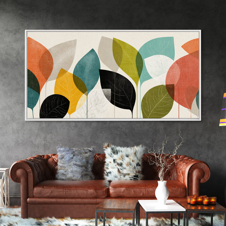 Abstract Overlapping Leaves In Teal Orange Yellow Wall Art, Midcentury Modern Botanical Print, Retro Living Room Decor Gift