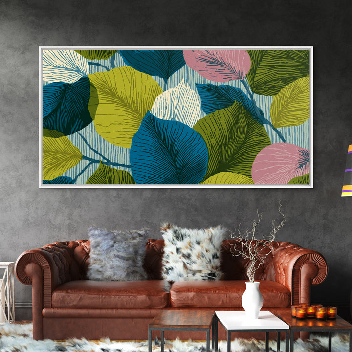 Layered Ginkgo Leaves In Blue Green Pink Canvas Print, Midcentury Modern Botanical Wall Decor, Colorful Living Room Art Print
