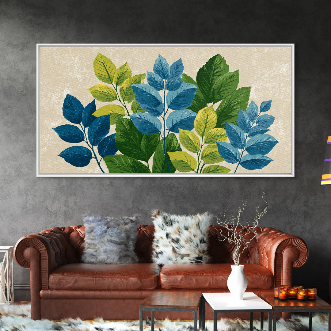 Blue Green Botanical Branches With Textured Leaves Wall Art, Midcentury Modern Nature Print, Calm Bedroom Office Decor Gift