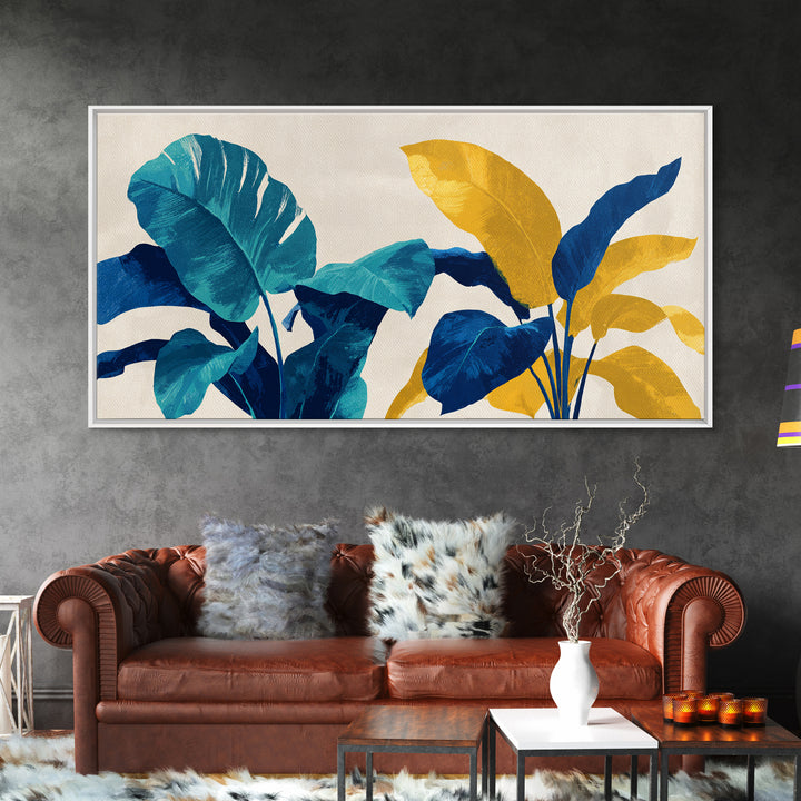 Bold Tropical Leaves In Teal Blue Mustard Canvas Print, Midcentury Modern Botanical Wall Art, Colorful Home Office Decor