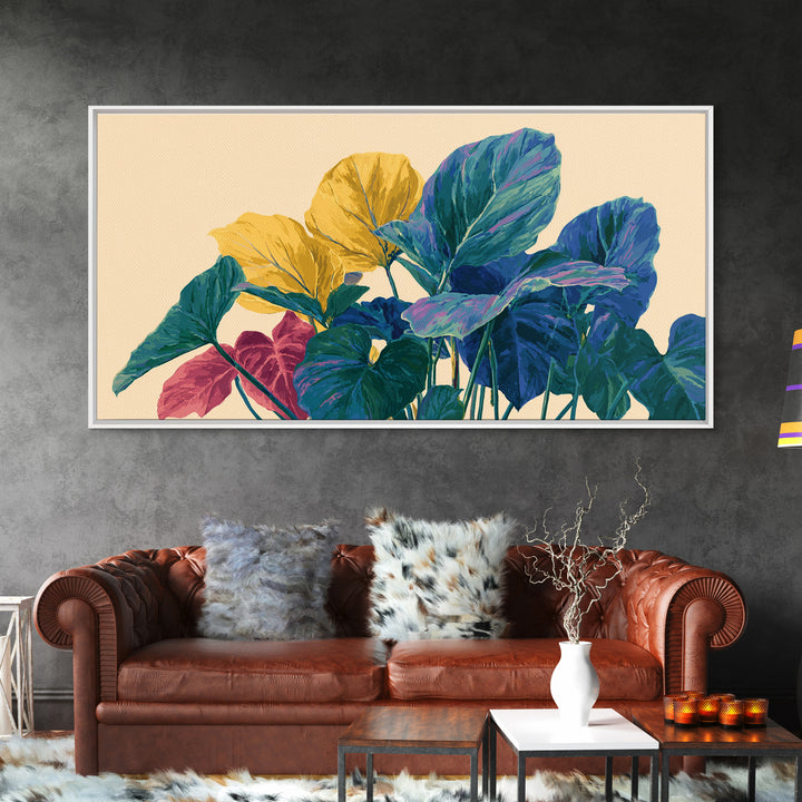 Vibrant Tropical Foliage In Yellow Teal Pink Wall Art, Midcentury Modern Botanical Print, Colorful Boho Living Room Decor