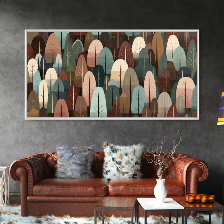 Muted Abstract Forest Of Rounded Trees Framed Canvas Print, Midcentury Modern Wall Art, Earth Tone Woodland Living Room Decor