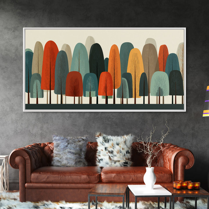 Minimal Rounded Tree Grove In Orange Teal Mustard Wall Art, Midcentury Modern Forest Print, Retro Nursery Or Office Decor