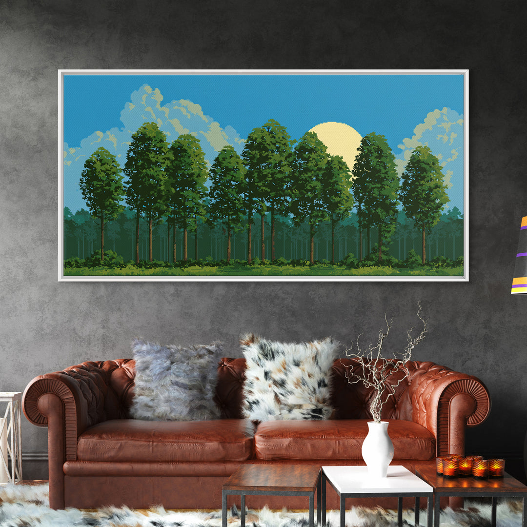 Sunlit Green Forest Landscape With Moonrise Canvas Print, Nature Wall Art, Retro Scenic Living Room And Cabin Decor Gift