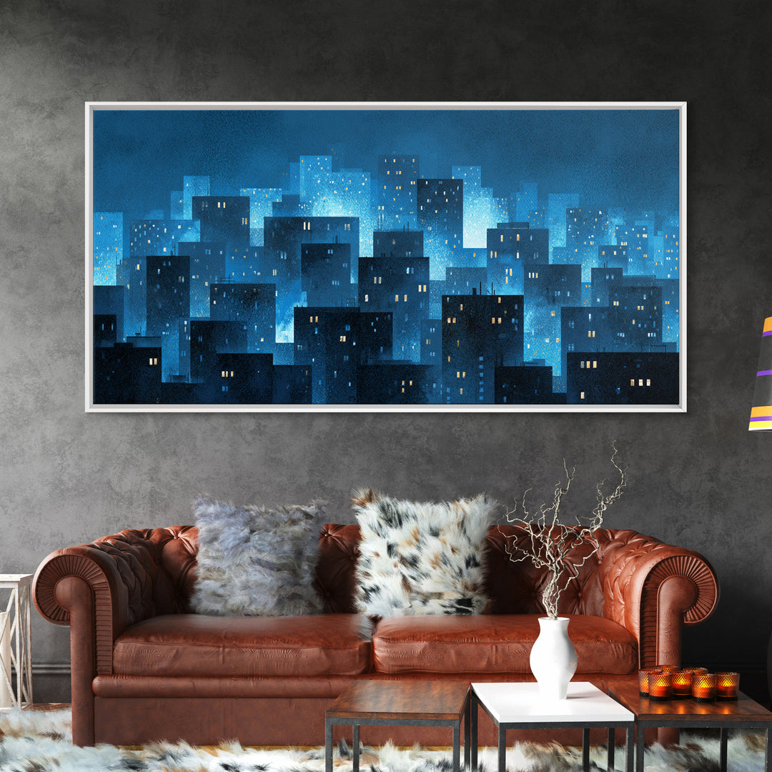 Misty Blue Urban Skyline Framed Canvas Print, Snowy City Lights, Modern Wall Art, Large Abstract Decor, Office Wall Art Print