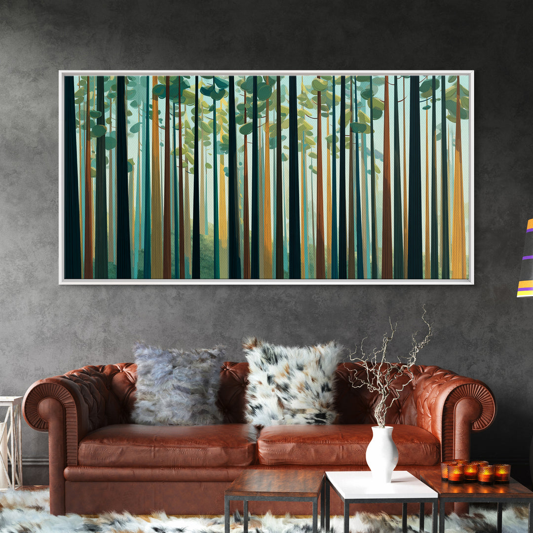 Tall Pine Forest With Sunbeams In Teal Gold Wall Art, Modern Nature Landscape Print, Scandinavian Cabin And Office Decor