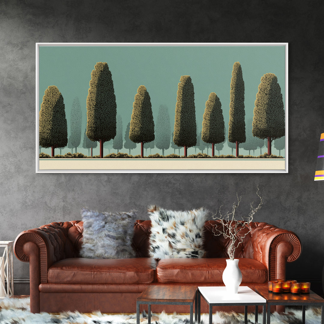 Stylized Cypress Tree Grove Wall Art, Midcentury Modern Landscape Print, Sage Green Retro Decor, Nature Living Room Art Print