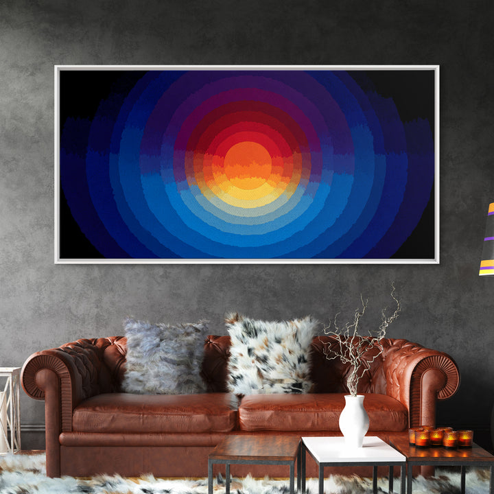 Radiant Layered Sunset Canvas Print, Midcentury Modern Abstract Landscape, Blue Orange Wall Decor, Retro Living Room Art