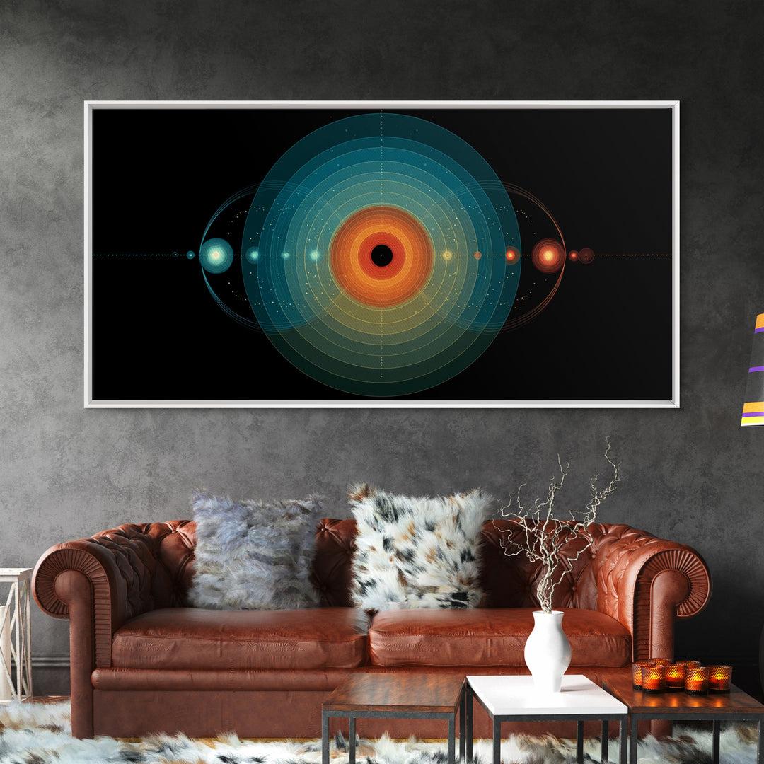 Solar System Orbit Canvas Print, Midcentury Modern Space Abstract, Teal Orange Circle Wall Decor, Retro Office Art Print Gift