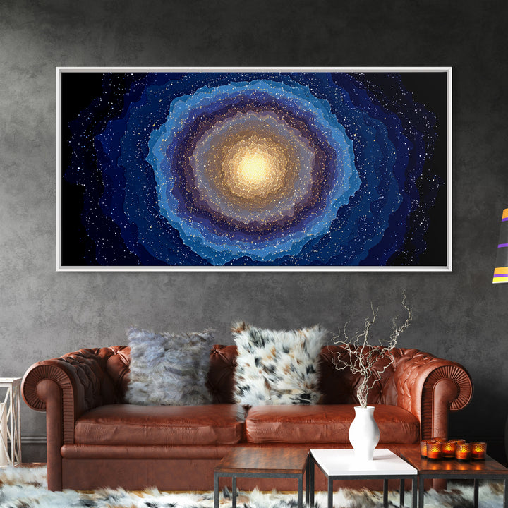 Blue Gold Galaxy Nebula Canvas Print, Modern Abstract Space Art, Starry Cosmic Wall Decor, Oversized Living Room Poster Print