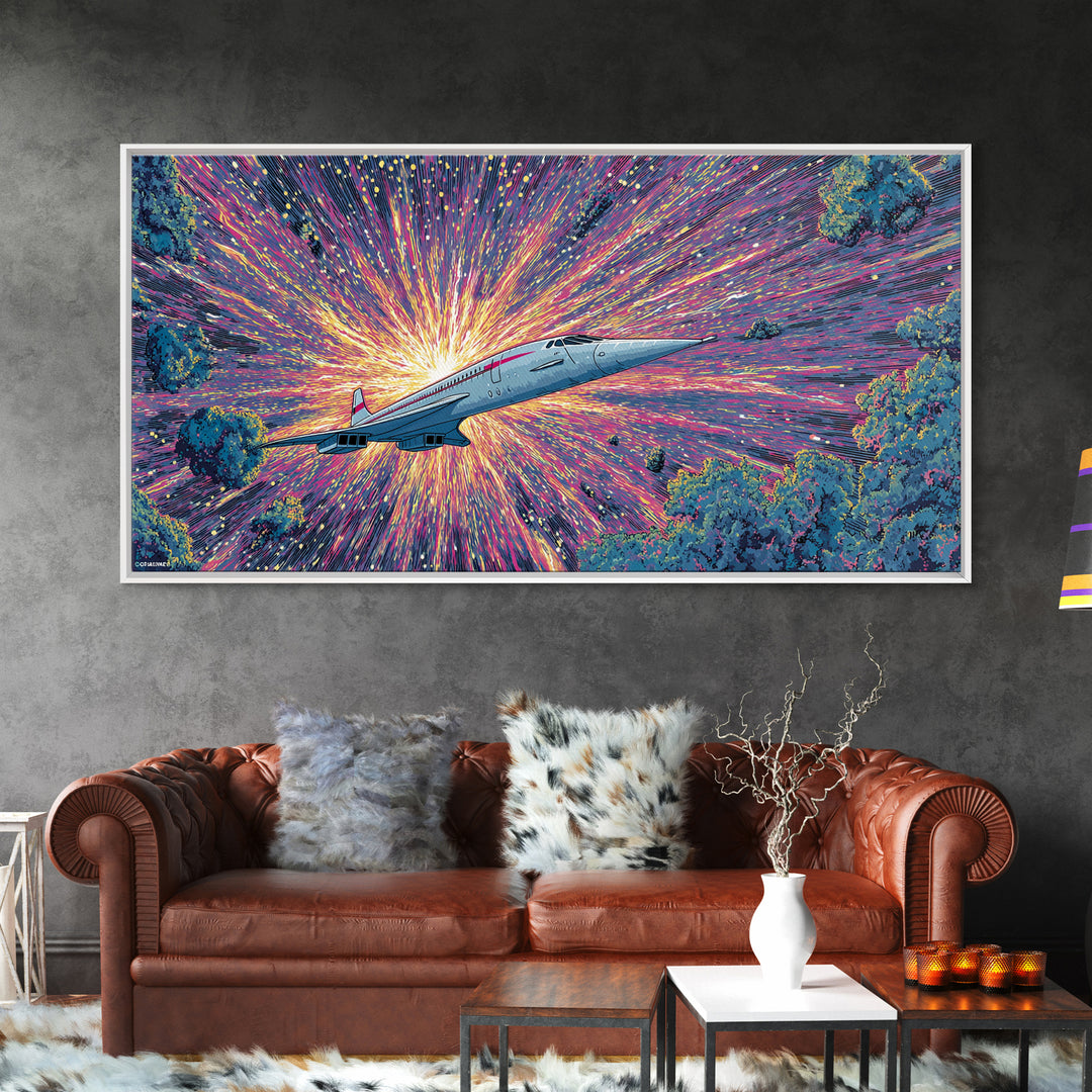 Retro Futuristic Jet Wall Art, Midcentury Sci Fi Airplane Print, Starburst Space Poster, Colorful Modern Home Decor Gift