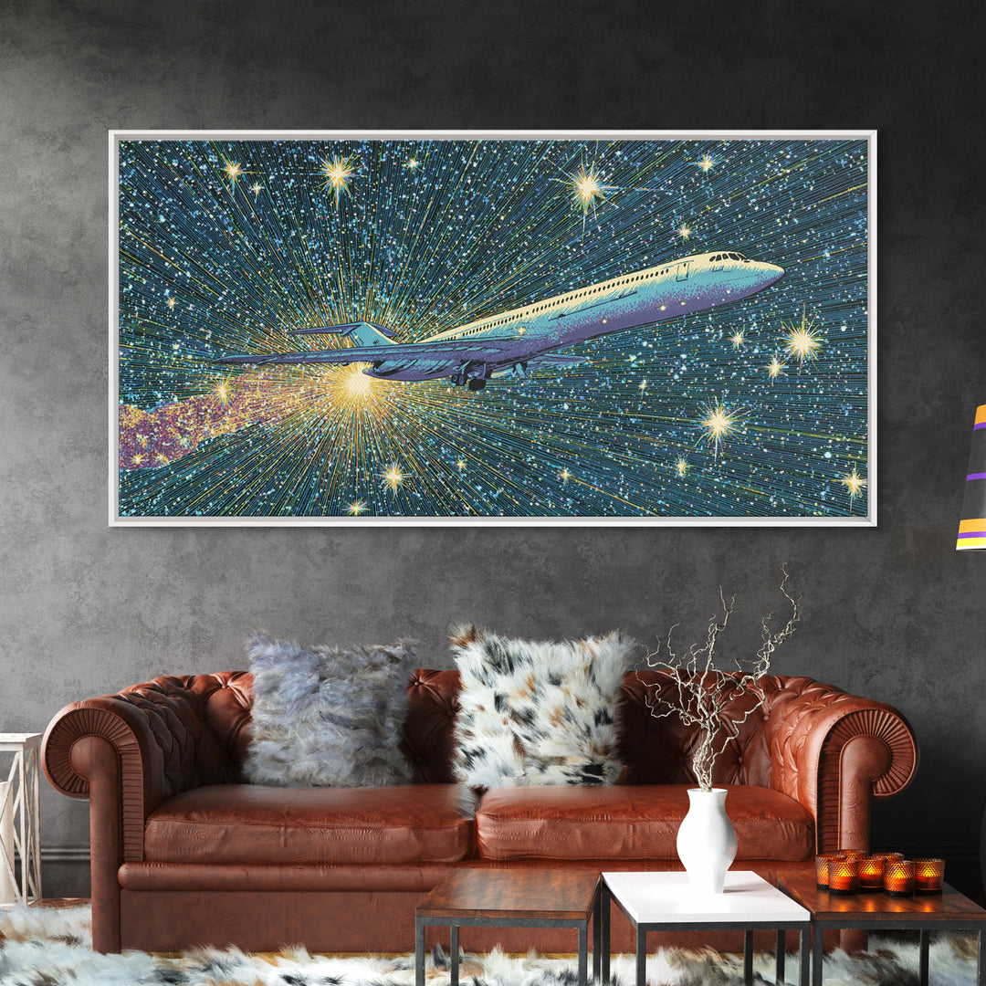 Supersonic Jet In Starry Warp Speed Sky Wall Art, Retro Sci Fi Poster, Mid Century Modern Decor, Space Travel Print, Home Office Decor
