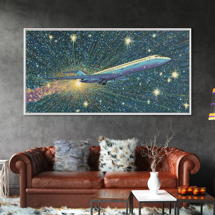 Supersonic Jet In Starry Warp Speed Sky Wall Art, Retro Sci Fi Poster, Mid Century Modern Decor, Space Travel Print, Home Office Decor